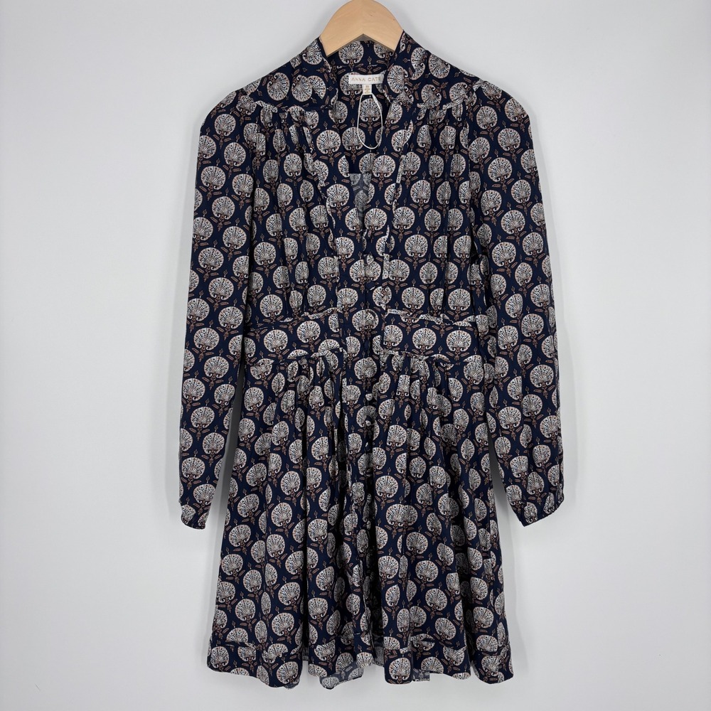 Anna Cate Mini Dress Sz XS Navy Blue Cotton Block Print Long Sleeve Tuckernuck